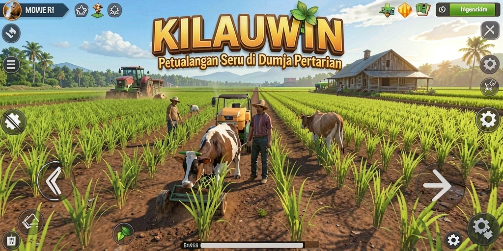 Tangkapan layar gameplay KILAUWIN menampilkan dunia pertanian yang indah dan berwarna.