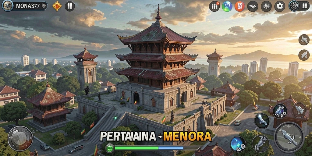 Screenshot permainan MONAS77 menampilkan aksi pertahanan menara yang intens.