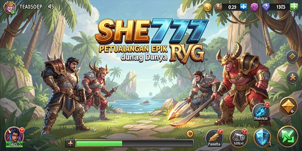 Screenshot utama SHE777 menampilkan pertempuran epik di lingkungan fantasi.