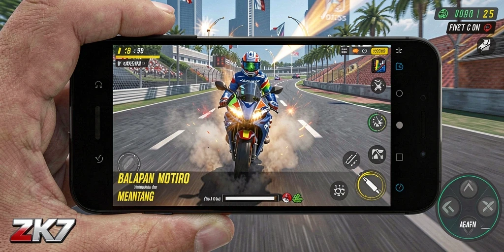 Screenshot ZK7 menampilkan aksi balapan motor yang seru dan mendebarkan.